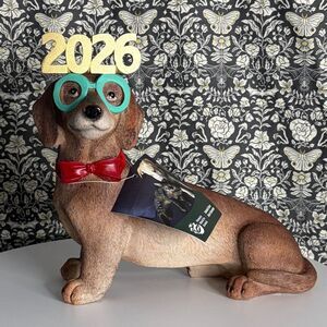Holiday Dachshund Statue with Glasses & Bow Tie – 2026 New Year Dog, Wiener Dog